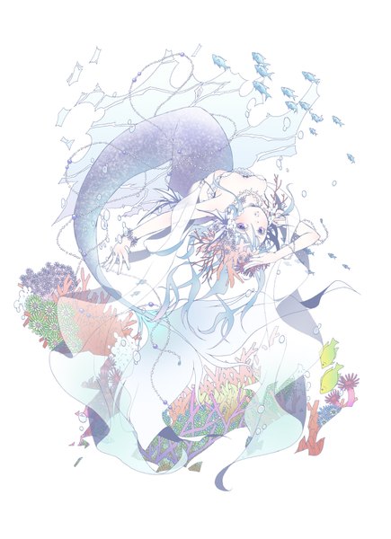 Anime picture 1317x1817 with hari noi single long hair tall image looking at viewer simple background white background purple eyes blue hair nail polish underwater transparent girl bracelet necklace bubble (bubbles) fish (fishes) beads mermaid coral