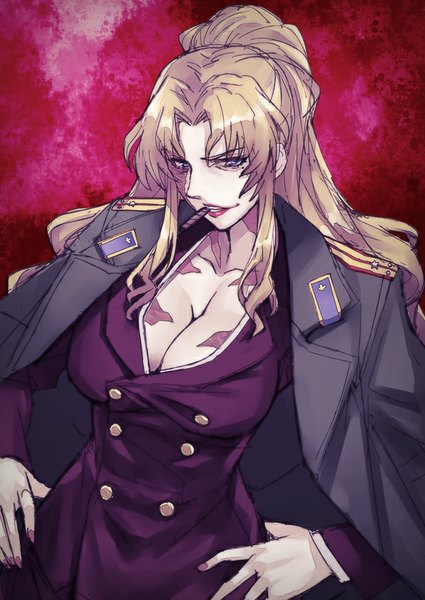 Anime picture 600x847 with black lagoon madhouse balalaika (black lagoon) matsuryuu single long hair tall image looking at viewer breasts blue eyes light erotic blonde hair large breasts cleavage mole mole under eye hands on hips girl uniform jacket