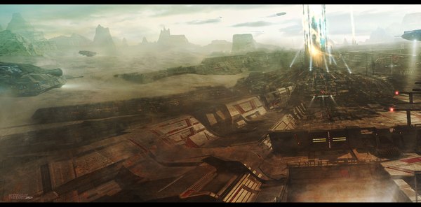 Anime picture 1680x831 with original shue13 wide image sky cloud (clouds) light smoke mountain landscape fantasy scenic science fiction aircraft airship