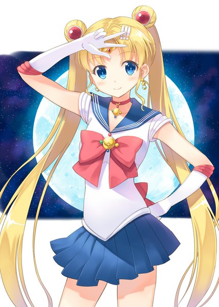 Anime picture 800x1122 with bishoujo senshi sailor moon toei animation tsukino usagi sailor moon hyuuga azuri single tall image blush blue eyes blonde hair smile twintails very long hair hair bun (hair buns) girl skirt gloves hair ornament earrings miniskirt