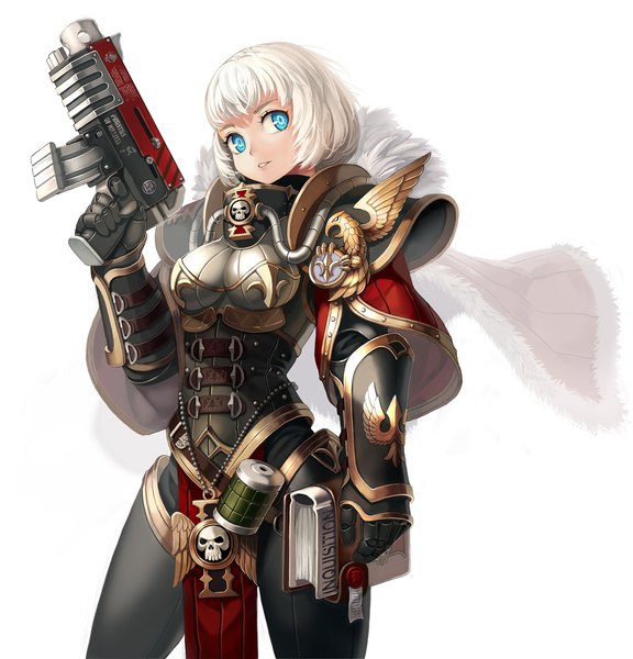 Anime picture 1500x1563 with warhammer 40k xil (artist) single tall image short hair blue eyes simple background white background looking away white hair girl gloves weapon armor gun book (books) cape bolter