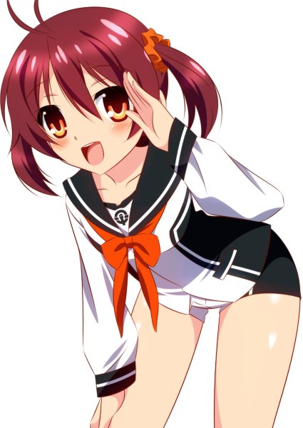 Anime picture 850x1200 with vividred operation isshiki akane isa (ni-iro) single tall image looking at viewer blush fringe short hair open mouth simple background hair between eyes red eyes white background twintails ahoge red hair long sleeves leaning leaning forward