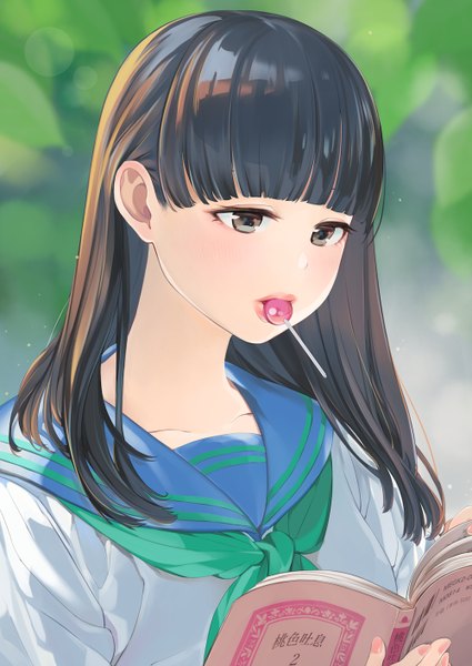 Anime picture 1000x1412 with original megumoke single long hair tall image blush fringe open mouth brown hair holding brown eyes upper body outdoors blunt bangs nail polish lips blurry lipstick mouth hold lens flare