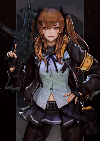 Anime picture 4961x7016 with girls frontline ump9 (girls frontline) daejun park single long hair tall image looking at viewer fringe highres hair between eyes brown hair twintails brown eyes absurdres braid (braids) hand on hip scar girl skirt bow