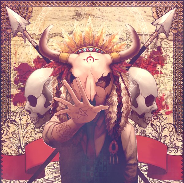 Anime picture 1500x1488 with original mustard (pixiv) blue eyes horn (horns) tattoo boy weapon shirt necktie feather (feathers) mask vest skull spear skull helmet