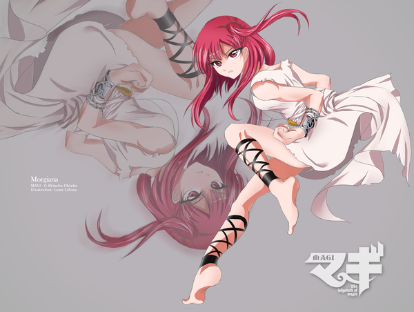 Anime picture 1639x1237 with magi the labyrinth of magic a-1 pictures morgiana luna-lifiora single long hair red eyes pink hair looking back inscription one side up zoom layer girl dress bracelet