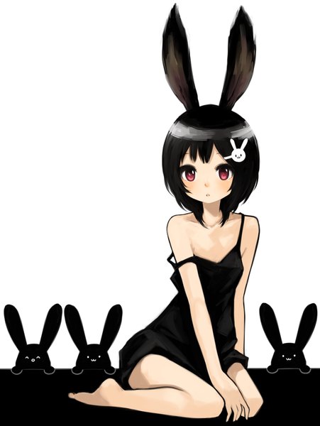 Anime picture 751x1000 with original yami shoujo morina nao single tall image looking at viewer short hair breasts black hair red eyes white background sitting animal ears loli bunny ears no shoes wariza flat chest girl dress