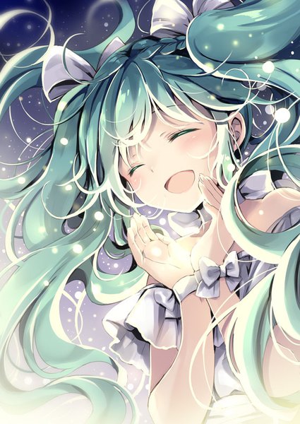 Anime picture 567x800 with vocaloid hatsune miku natsume eri single long hair tall image open mouth twintails bare shoulders payot eyes closed aqua hair lens flare portrait wavy hair girl bow hair bow choker