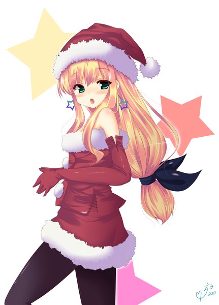 Anime picture 2371x3300 with mm! xebec isurugi mio mimura zaja long hair tall image blush highres open mouth blonde hair simple background bare shoulders green eyes looking back fur trim pink background girl gloves elbow gloves star (symbol)