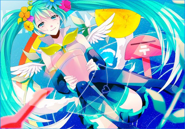 Anime picture 1500x1050 with vocaloid hello planet (vocaloid) hatsune miku achiki single long hair smile sitting twintails hair flower aqua eyes aqua hair sparkle zettai ryouiki angel wings crying girl thighhighs skirt hair ornament