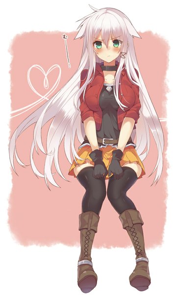 Anime picture 600x1007 with original anceril sacred mishima kurone single long hair tall image looking at viewer blush simple background white background green eyes cleavage ahoge white hair open clothes open jacket frown girl thighhighs skirt