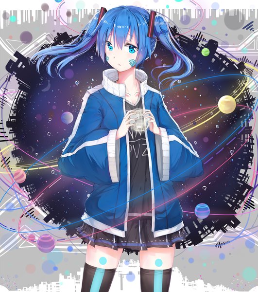 Anime picture 1000x1129 with kagerou project shaft (studio) ene (kagerou project) echj single long hair tall image looking at viewer blue eyes twintails holding blue hair pleated skirt zettai ryouiki space girl thighhighs skirt black thighhighs miniskirt