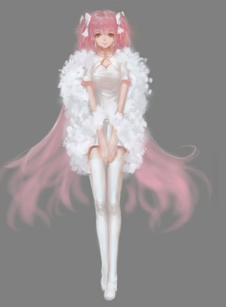 Anime picture 767x1040 with mahou shoujo madoka magica shaft (studio) kaname madoka goddess madoka blackrabbitsoul single tall image looking at viewer simple background smile twintails pink hair very long hair pink eyes grey background zettai ryouiki chinese clothes girl thighhighs bow
