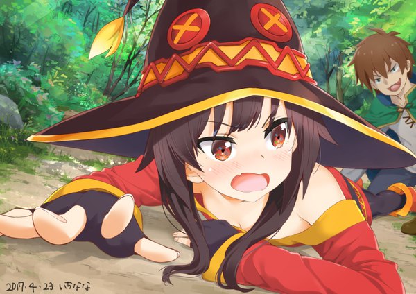 Anime picture 819x579 with kono subarashii sekai ni shukufuku wo! studio deen megumin satou kazuma mokyutan long hair blush fringe short hair open mouth light erotic smile hair between eyes red eyes brown hair bare shoulders green eyes signed payot looking away