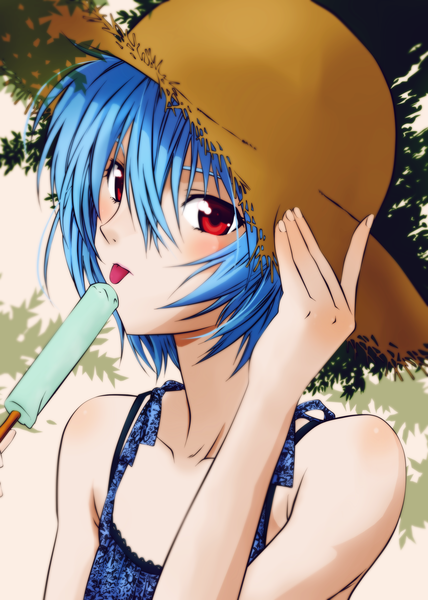 Anime picture 2500x3500 with neon genesis evangelion gainax ayanami rei b1u3h single tall image blush highres short hair red eyes blue hair coloring portrait face :p girl plant (plants) hat tree (trees) food