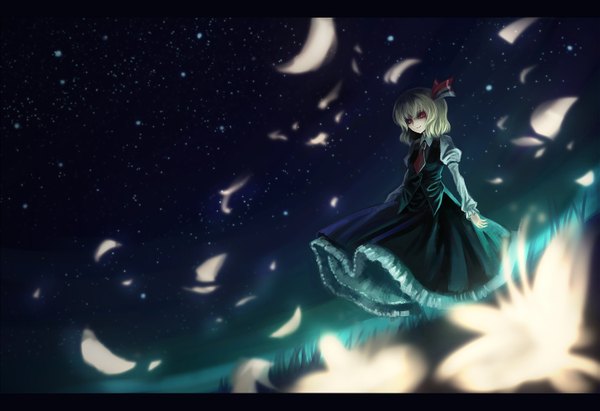 Anime picture 1428x980 with touhou rumia paseri single blonde hair smile red eyes sky night letterboxed girl dress skirt flower (flowers) bow petals star (stars) skirt set