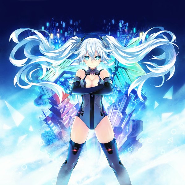 Anime picture 1280x1280 with choujigen game neptune black heart tsunako single long hair looking at viewer fringe breasts light erotic smile standing twintails cleavage silver hair aqua eyes official art crossed arms girl thighhighs gloves