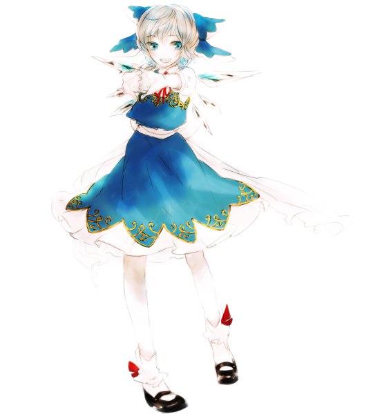 Anime picture 1074x1200 with touhou cirno sugi (artist) single tall image short hair blue eyes simple background white background grey hair girl dress bow hair bow wings socks white socks