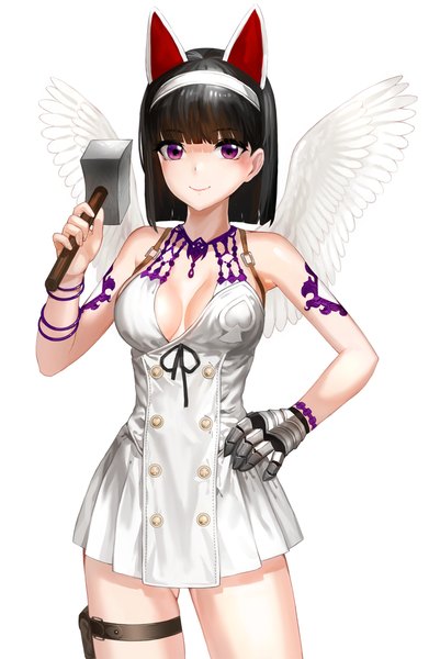 Anime picture 766x1175 with original kfr single tall image looking at viewer short hair black hair smile purple eyes animal ears hand on hip girl dress weapon wings hairband hammer