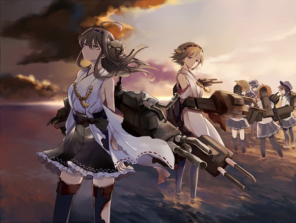 Anime picture 1060x800 with kantai collection hibiki destroyer kongou battleship akatsuki destroyer inazuma destroyer ikazuchi destroyer hiei battleship harano long hair short hair blue eyes black hair brown hair multiple girls sky cloud (clouds) ahoge white hair traditional clothes japanese clothes