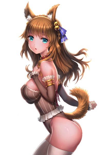 Anime picture 1273x1800 with original youbou single long hair tall image looking at viewer fringe breasts light erotic simple background brown hair large breasts white background animal ears ass tail long sleeves parted lips animal tail aqua eyes
