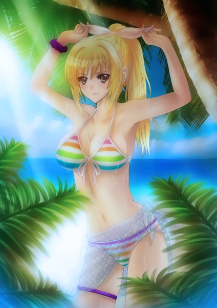 Anime picture 2480x3507 with umi monogatari zexcs marin sawwei005 single long hair tall image looking at viewer highres light erotic blonde hair brown eyes ponytail girl navel swimsuit plant (plants) bikini tree (trees)