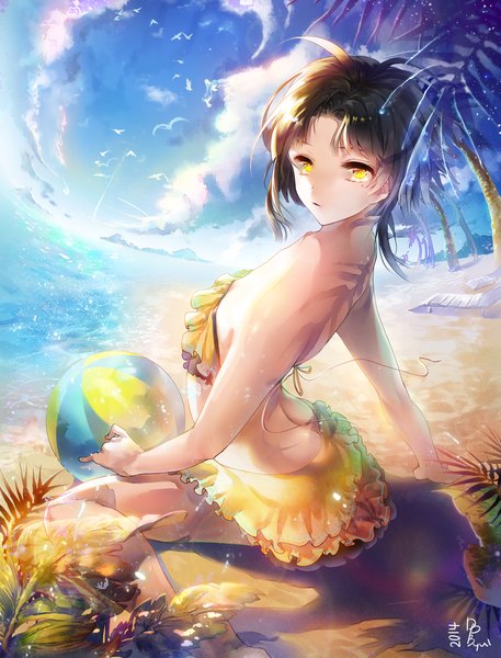 Anime picture 1000x1313 with sword girls salvia single tall image looking at viewer short hair light erotic brown hair sitting bare shoulders yellow eyes sky cloud (clouds) ahoge bent knee (knees) looking back barefoot arm support bare legs bare belly
