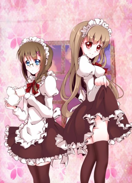 Anime picture 1084x1500 with original kisaichi jin long hair tall image looking at viewer blush short hair blue eyes light erotic smile red eyes brown hair multiple girls skirt lift pink background waitress girl thighhighs hair ornament black thighhighs