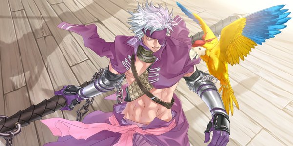 Anime picture 1500x750 with sengoku basara production i.g motochika chousokabe short hair wide image silver hair eyes closed boy navel weapon armor chain eyepatch parrot