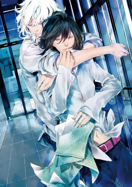 Anime picture 2894x4093 with original zunko (jun park) tall image highres black hair white hair eyes closed hug shounen ai boy navel shirt belt pants paper