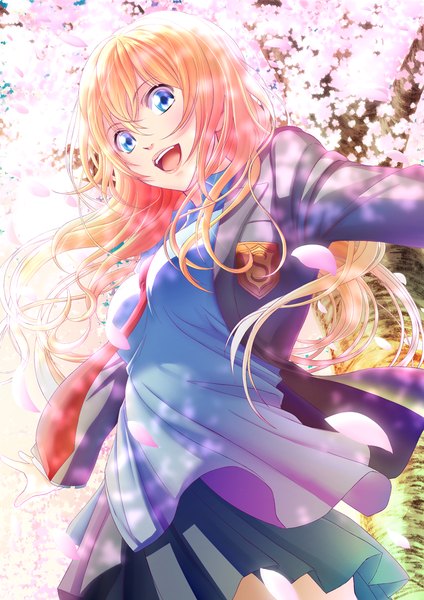 Anime picture 905x1280 with shigatsu wa kimi no uso a-1 pictures miyazono kaori budda single long hair tall image looking at viewer fringe open mouth blue eyes blonde hair standing pleated skirt wind sunlight from below cherry blossoms happy spread arms