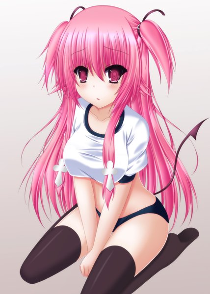 Anime picture 3000x4200 with angel beats! key (studio) yui (angel beats!) toyokawa itsuki (p mayuhime) single long hair tall image looking at viewer blush highres light erotic pink hair tail pink eyes two side up demon tail girl thighhighs underwear panties