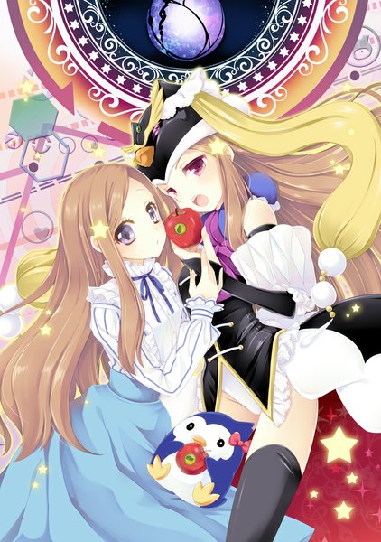 Anime picture 703x1000 with mawaru penguindrum takakura himari princess of the crystal natsume eri long hair tall image brown hair purple eyes multiple girls girl dress 2 girls detached sleeves animal bird (birds) star (symbol) fruit cap apple penguin