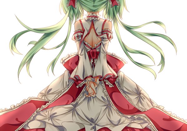 Anime picture 1024x721 with original willfin single long hair simple background white background twintails green hair back hands behind back girl dress bow detached sleeves bracelet jewelry