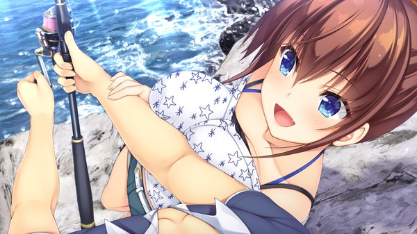 Anime picture 1280x720 with natural vacation hibiki works sarashina yuzuki asami asami long hair fringe breasts open mouth blue eyes light erotic hair between eyes brown hair wide image looking away game cg from above solo focus breast press star print girl