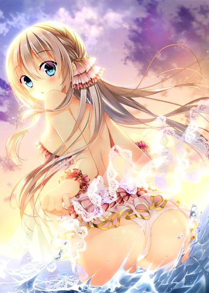 Anime picture 2144x3000 with original yadapot single long hair tall image blush highres blue eyes light erotic sky cloud (clouds) ass looking back scan girl hair ornament swimsuit bikini water frills