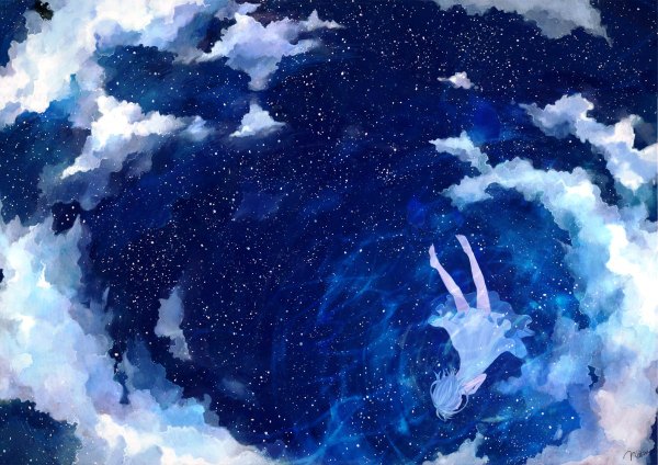 Anime picture 1200x848 with original 72 (nananatsu) short hair blue hair sky cloud (clouds) barefoot from behind night night sky reflection fantasy weightlessness girl dress water white dress star (stars) sundress