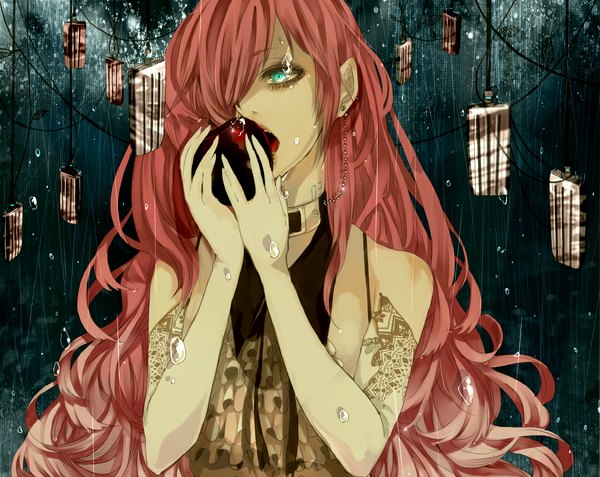 Anime picture 1200x954 with vocaloid megurine luka hebi (yurari) single long hair fringe open mouth bare shoulders pink hair aqua eyes hair over one eye piercing rain eating girl gloves elbow gloves apple