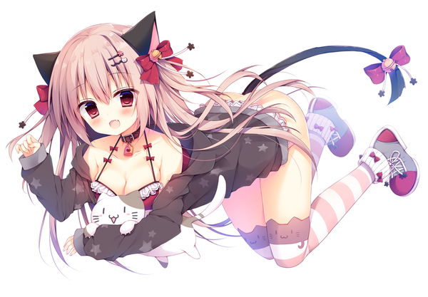 Anime picture 1000x695 with original izumiyuhina single long hair blush breasts open mouth light erotic simple background red eyes white background animal ears pink hair tail animal tail cat ears cat girl cat tail bottomless girl