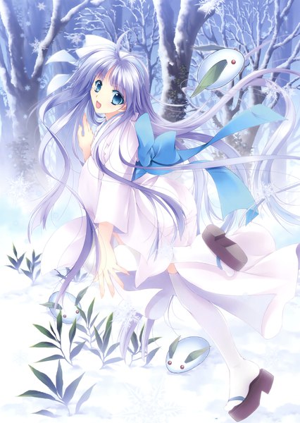 Anime picture 2486x3500 with original yamamoto kazue single long hair tall image looking at viewer blush highres blue eyes blue hair absurdres ahoge traditional clothes japanese clothes scan official art snowing winter snow bare tree