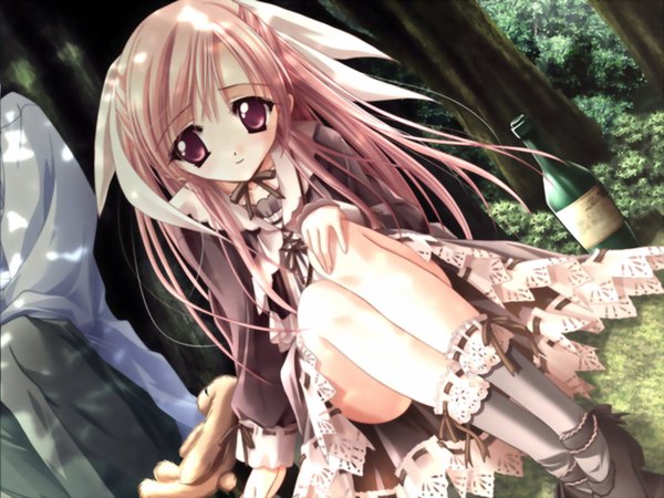 Anime picture 1600x1200 with cafe little wish merun (cafe little wish) tinker bell long hair smile red eyes sitting looking away pink hair outdoors loli dutch angle solo focus head out of frame hand on knee convenient leg against tree girl bow plant (plants)