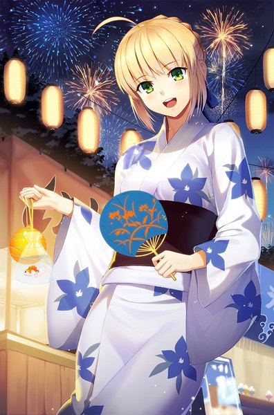 Anime picture 660x1000 with fate (series) fate/stay night artoria pendragon (all) saber vmax-ver (a3eilm2s2y) single tall image looking at viewer blush fringe short hair open mouth blonde hair smile holding green eyes ahoge outdoors braid (braids) long sleeves