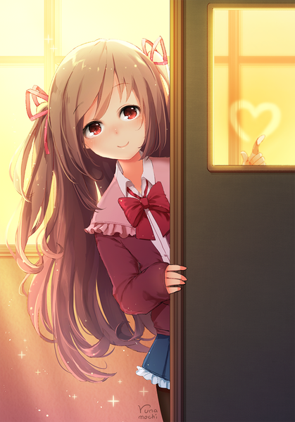 Anime picture 800x1146 with original runamochi single long hair tall image looking at viewer blush smile red eyes brown hair signed indoors pleated skirt sunlight sparkle two side up evening sleeves past wrists frilly skirt dust