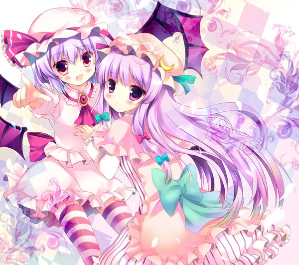 Anime picture 3996x3541 with touhou remilia scarlet patchouli knowledge azumi kazuki long hair blush highres short hair open mouth red eyes purple eyes multiple girls absurdres purple hair looking back pointing girl thighhighs dress bow