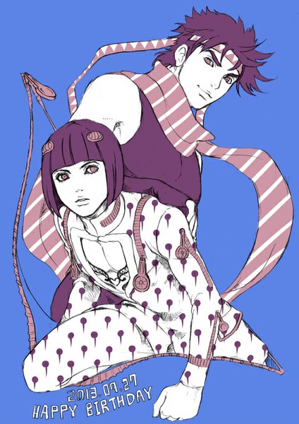 Anime picture 566x800 with jojo no kimyou na bouken joseph joestar (young) bruno buccellati chounorin tall image fringe short hair simple background smile purple eyes bare shoulders looking away purple hair multiple boys dated looking down happy birthday purple background boy hair ornament