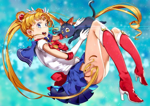 Anime picture 1500x1061 with bishoujo senshi sailor moon toei animation tsukino usagi sailor moon luna (sailor moon) el-zheng single long hair looking at viewer blush open mouth blue eyes light erotic blonde hair twintails yellow eyes pleated skirt blue background girl skirt