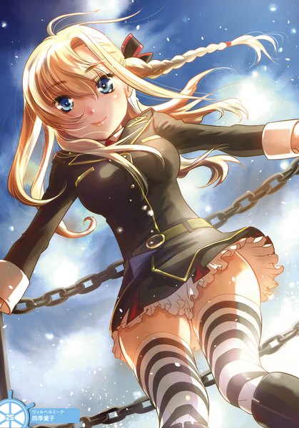 Anime picture 2744x3926 with high school fleet wilhelmina braunschweig ingenohl friedeburg shikidouji single long hair tall image looking at viewer highres blue eyes blonde hair braid (braids) scan official art girl thighhighs chain striped thighhighs