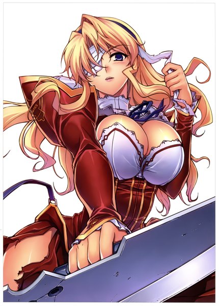 Anime picture 4997x6964 with freezing satellizer el bridget kim kwang hyun single long hair tall image highres breasts blue eyes light erotic blonde hair large breasts white background absurdres cleavage scan official art bandage over one eye girl dress