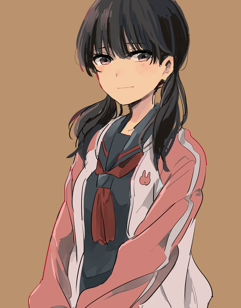 Anime picture 1254x1604 with original monsieur single long hair tall image looking at viewer blush fringe black hair simple background hair between eyes twintails brown eyes upper body open clothes open jacket low twintails brown background girl uniform