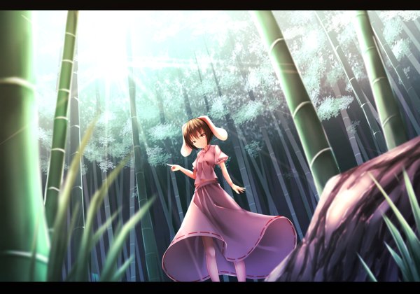 Anime picture 4000x2800 with touhou inaba tewi waterdog single long hair highres smile red eyes brown hair animal ears absurdres sunlight bunny ears letterboxed sunbeam pointing bamboo forest girl dress plant (plants)